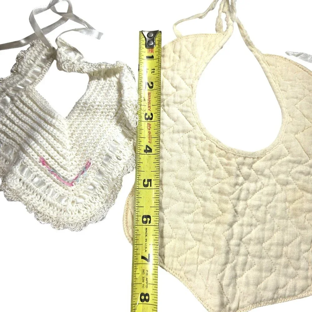 Set Of 3 Vtg Baby Bibs Quilted Crochet Lace Handmade White Pink Blue Accents